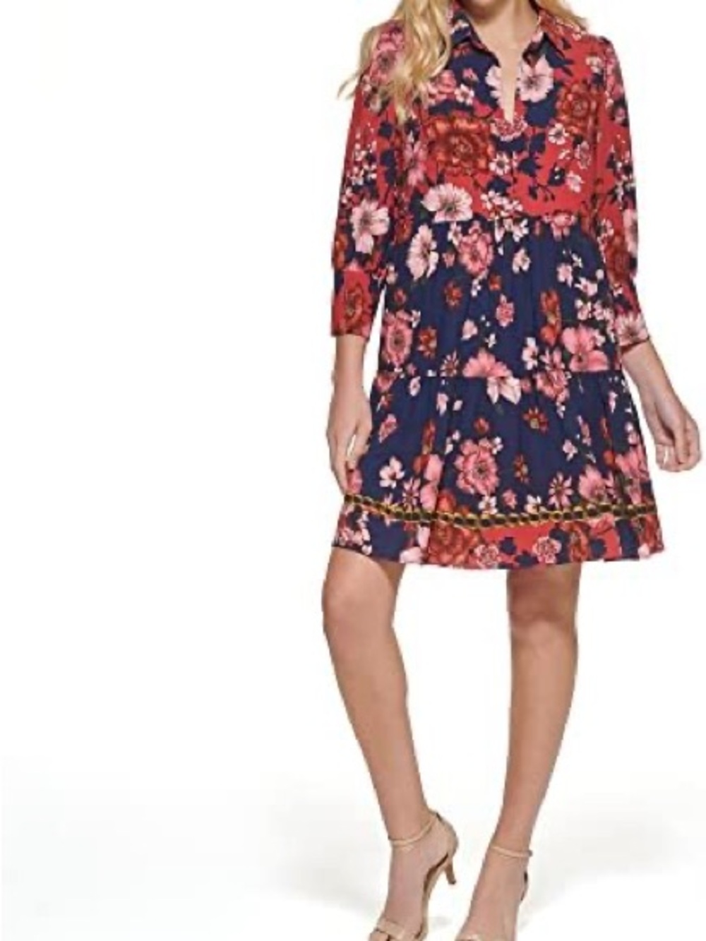 Vince Camuto Pink & Navy Floral Tiered Midi Dress Size 8